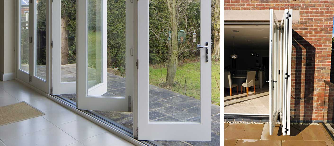 Tutbury bifolding door by Gowercroft Joinery main product image showing patio doors open from inside and outside
