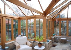 gallery conservatory from the inside showing natural wood stain
