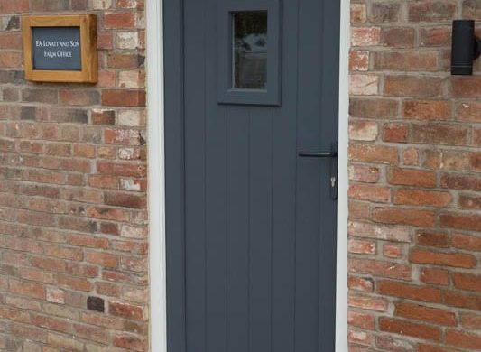 Melbourne single door Stephenson leaf white frame painted vision panel groove brick external view close up