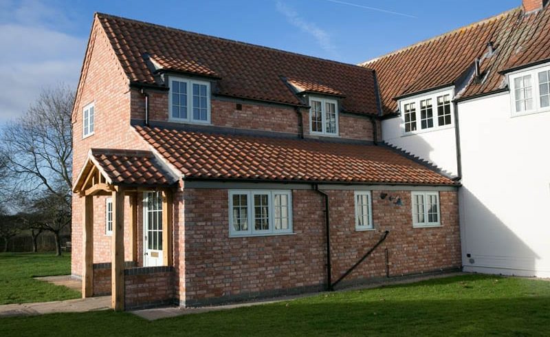 Replacement Windows White Cottage extension Hardwick casement duck egg blue elevation brick render clay tiles