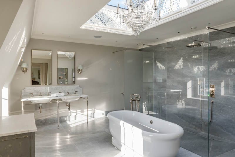 Bathroom at Templeton House after renovation showing bespoke skylight by Gowercroft Joinery