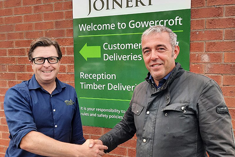 New Partnerships Manager Peter Buckley is welcomed on boa rd by Gowercroft Joinery?s H ead of Sales, Joe Grimley