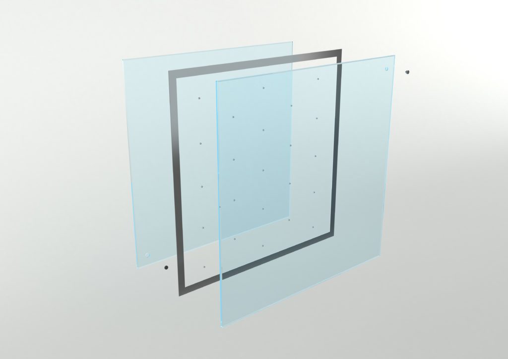 Exploded diagram of Vacuum Glass showing the Flexible Edge Sealing