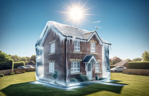 A detached, re-brick new build house encased in a layer of ice with icicles hanging from the roof, sitting under a bright sun in a lush green garden.