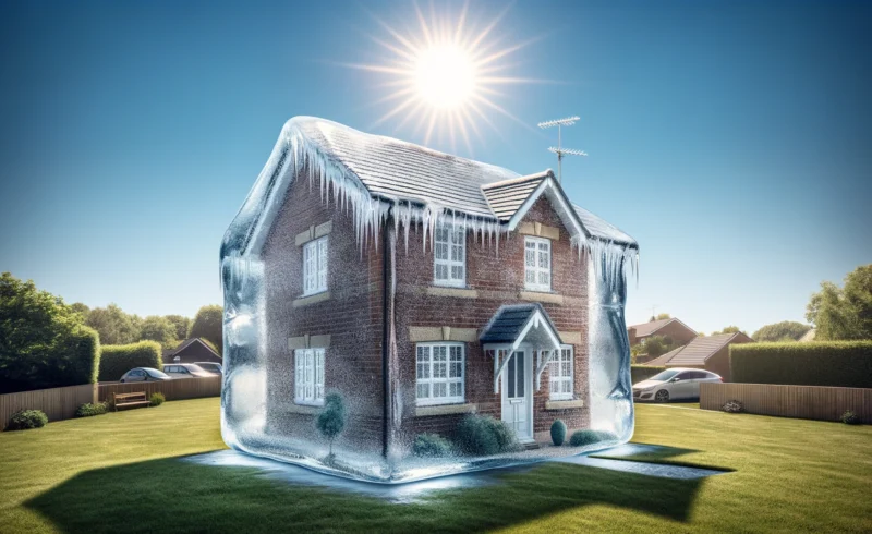 A detached, re-brick new build house encased in a layer of ice with icicles hanging from the roof, sitting under a bright sun in a lush green garden.