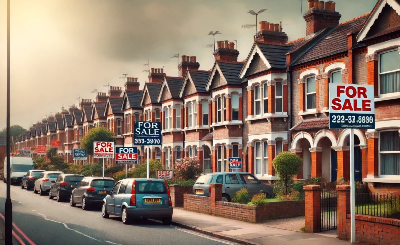 A sunny UK street lined with traditional British terraced houses, each featuring "For Sale" signs. The houses have brick facades, small front gardens, and bay windows. The sky is clear and blue, casting bright sunlight on the scene. Trees are scattered along the sidewalk, and cars are parked along the curb. The image conveys a residential area with potential for sustainable housing initiatives.