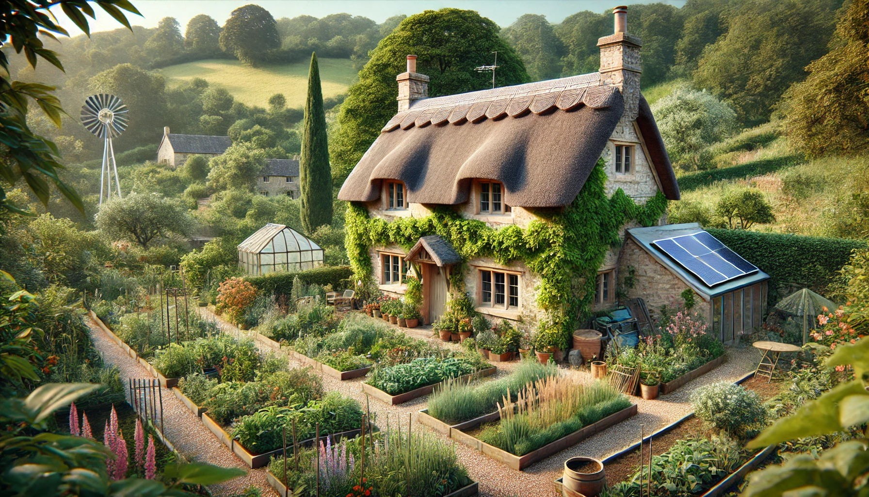 An old English stone cottage with a thatched roof and ivy-covered walls, set in a sustainable landscape. The garden is lush with native plants and wildflowers. Solar panels are visible on the roof, and a small wind turbine is nearby. A vegetable garden with raised beds and compost bins is in the foreground. A gravel path lined with blooming flowers leads to the cottage. Rolling hills covered in trees and meadows are seen in the background, promoting biodiversity