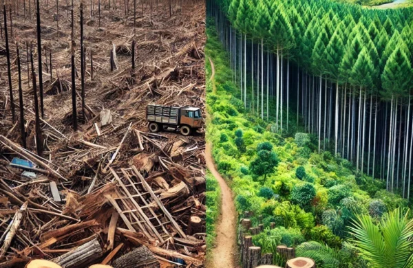 An image split in half: Left Side - Conflict Timber/Over-Harvesting: Show a devastated tropical forest area with stumps, felled trees, and signs of illegal logging, such as makeshift unsafe equipment or paths. The scene should evoke the damage and environmental degradation caused by unsustainable practices. Right Side - Well-Managed Forests: Contrast this with a lush, thriving pine forest filled with healthy trees, with clear signs of sustainable management, such replanting efforts and wildlife.