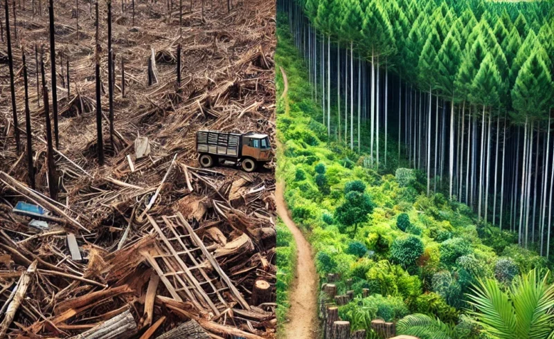 An image split in half: Left Side - Conflict Timber/Over-Harvesting: Show a devastated tropical forest area with stumps, felled trees, and signs of illegal logging, such as makeshift unsafe equipment or paths. The scene should evoke the damage and environmental degradation caused by unsustainable practices. Right Side - Well-Managed Forests: Contrast this with a lush, thriving pine forest filled with healthy trees, with clear signs of sustainable management, such replanting efforts and wildlife.