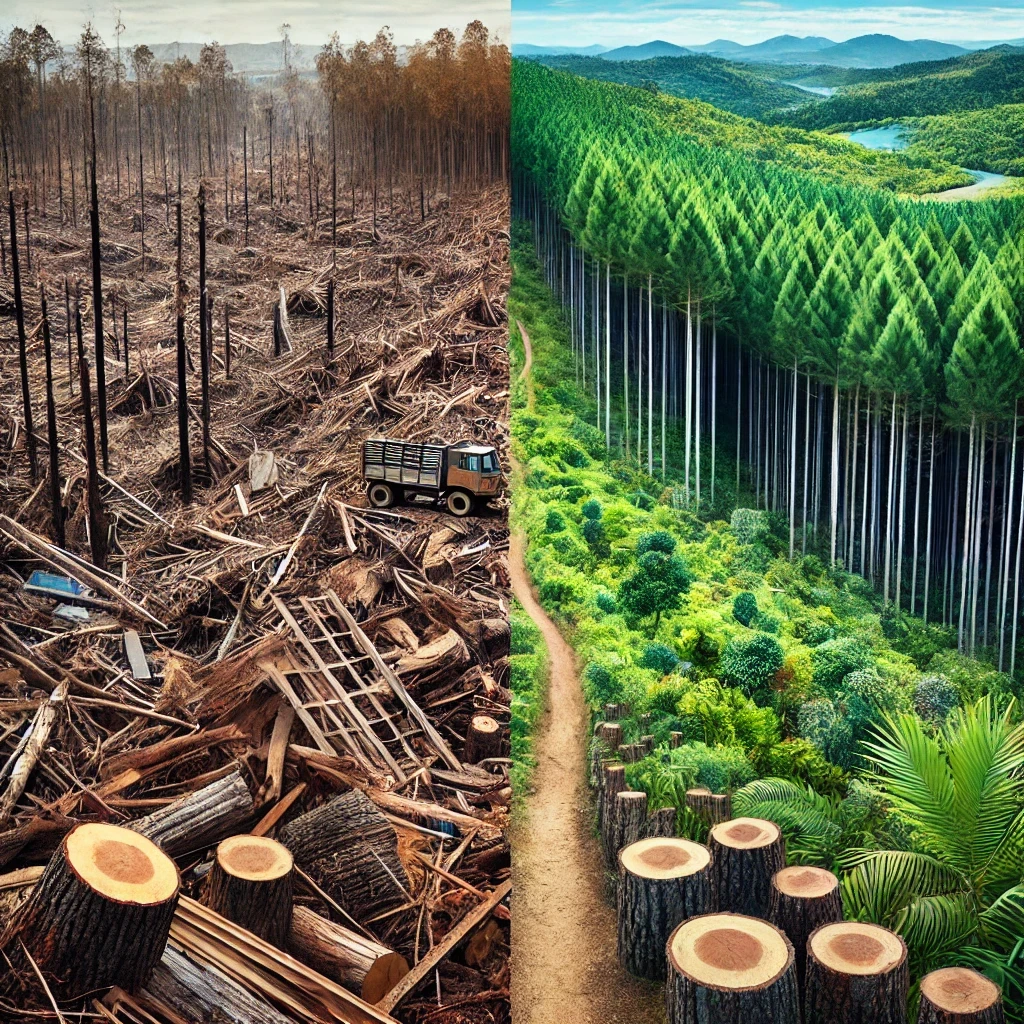 An image split in half: Left Side - Conflict Timber/Over-Harvesting: Show a devastated tropical forest area with stumps, felled trees, and signs of illegal logging, such as makeshift unsafe equipment or paths. The scene should evoke the damage and environmental degradation caused by unsustainable practices. Right Side - Well-Managed Forests: Contrast this with a lush, thriving pine forest filled with healthy trees, with clear signs of sustainable management, such replanting efforts and wildlife.