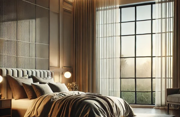 A serene, well-designed bedroom with large, high-quality windows as the focal point. The windows are dressed with thick curtains or blinds, suggesting noise reduction and temperature control. The room features a comfortable, stylish bed with plush bedding and pillows, positioned to face the windows. Soft lighting from bedside lamps creates a calming atmosphere. The decor is minimal yet cozy, with a rug, throw blanket, and decorative pillows, adding layers of comfort to the peaceful, tranquil setting.