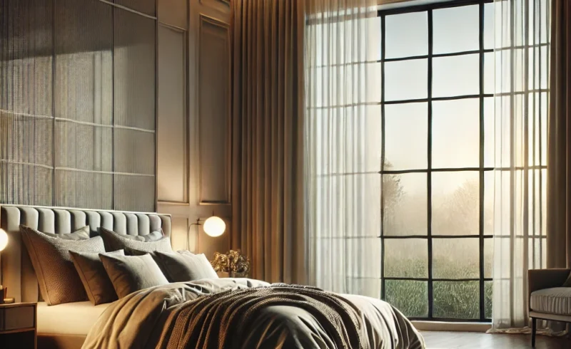 A serene, well-designed bedroom with large, high-quality windows as the focal point. The windows are dressed with thick curtains or blinds, suggesting noise reduction and temperature control. The room features a comfortable, stylish bed with plush bedding and pillows, positioned to face the windows. Soft lighting from bedside lamps creates a calming atmosphere. The decor is minimal yet cozy, with a rug, throw blanket, and decorative pillows, adding layers of comfort to the peaceful, tranquil setting.