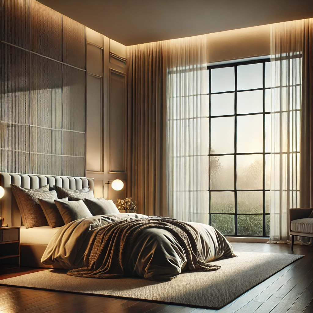 A serene, well-designed bedroom with large, high-quality windows as the focal point. The windows are dressed with thick curtains or blinds, suggesting noise reduction and temperature control. The room features a comfortable, stylish bed with plush bedding and pillows, positioned to face the windows. Soft lighting from bedside lamps creates a calming atmosphere. The decor is minimal yet cozy, with a rug, throw blanket, and decorative pillows, adding layers of comfort to the peaceful, tranquil setting.