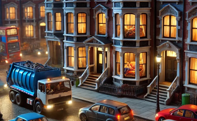 The image depicts a busy urban street scene at night, with several cars and a large blue rubbish lorry moving along the road. The buildings lining the street are classic Victorian-style terraced houses with warm, glowing lights emanating from their large bay windows. Despite the hustle and bustle outside, with vehicles navigating the street and their headlights cutting through the darkness, the interiors visible through the windows appear peaceful and cosy. The residents inside seem unaffected by the noise outside, possibly due to effective window soundproofing, which contrasts the noisy, chaotic atmosphere outside with the calm, serene environment within.