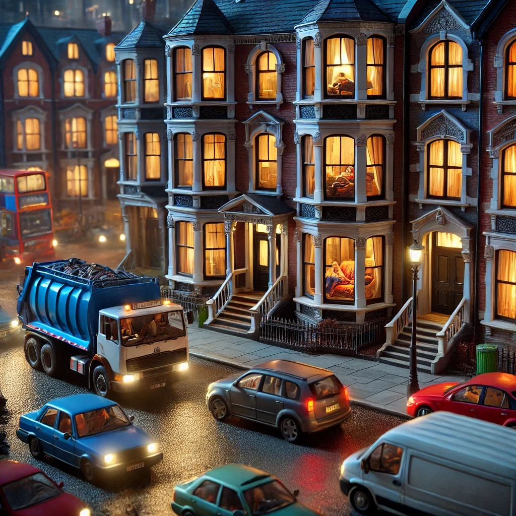 The image depicts a busy urban street scene at night, with several cars and a large blue rubbish lorry moving along the road. The buildings lining the street are classic Victorian-style terraced houses with warm, glowing lights emanating from their large bay windows. Despite the hustle and bustle outside, with vehicles navigating the street and their headlights cutting through the darkness, the interiors visible through the windows appear peaceful and cosy. The residents inside seem unaffected by the noise outside, possibly due to effective window soundproofing, which contrasts the noisy, chaotic atmosphere outside with the calm, serene environment within.