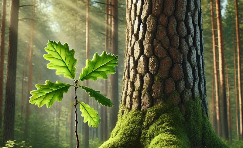 An image of a small oak sapling next to a full-grown pine tree, showing the contrast in their growth stages. The sapling represents the early stages of growth, while the mature pine tree towers over it, symbolizing the differences in growth rates between these two types of trees.