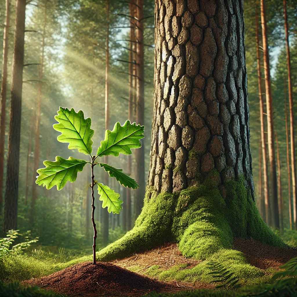 An image of a small oak sapling next to a full-grown pine tree, showing the contrast in their growth stages. The sapling represents the early stages of growth, while the mature pine tree towers over it, symbolizing the differences in growth rates between these two types of trees.