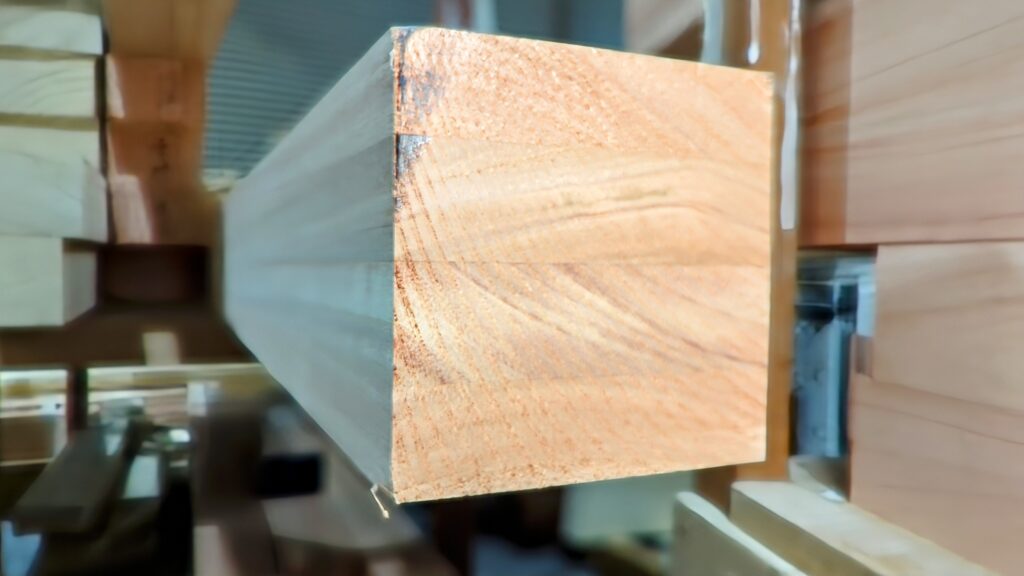 A close-up cross-section of Engineered Red Grandis timber, showing multiple laminated layers of wood with alternating grain directions. The image is taken from an angle and shows two faces simultaneously. This lamination enhances the stability and durability of the timber.