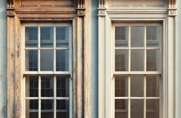 Side-by-side view of two timber sash windows. The window on the left shows minimal weathering, with slight paint peeling and light wear. The window on the right is in perfect condition, made of Accoya with a microporous coating, showcasing smooth and even paint with no visible cracks or imperfections. Both windows are painted the same colour and set against a light-coloured wall, emphasising the contrast between the slightly weathered timber and the pristine, well-maintained Accoya window with advanced coating.