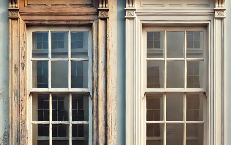 Side-by-side view of two timber sash windows. The window on the left shows minimal weathering, with slight paint peeling and light wear. The window on the right is in perfect condition, made of Accoya with a microporous coating, showcasing smooth and even paint with no visible cracks or imperfections. Both windows are painted the same colour and set against a light-coloured wall, emphasising the contrast between the slightly weathered timber and the pristine, well-maintained Accoya window with advanced coating.