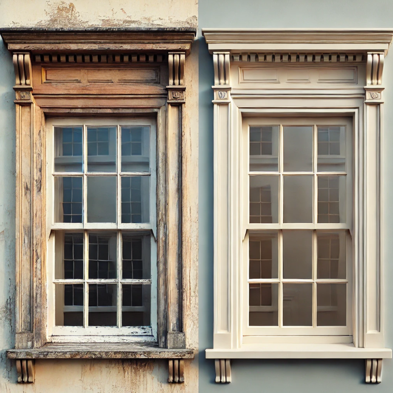 Side-by-side view of two timber sash windows. The window on the left shows minimal weathering, with slight paint peeling and light wear. The window on the right is in perfect condition, made of Accoya with a microporous coating, showcasing smooth and even paint with no visible cracks or imperfections. Both windows are painted the same colour and set against a light-coloured wall, emphasising the contrast between the slightly weathered timber and the pristine, well-maintained Accoya window with advanced coating.