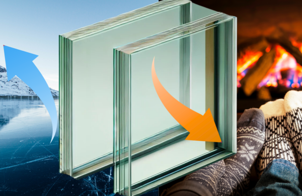 A double-glazed glass unit is centred in the image. On the left, a cold, icy landscape with a snow-covered mountain symbolises low temperatures. A blue arrow points away from the glass unit, representing cold air being reflected out. On the right side, two cosy feet in patterned socks are propped up near a warm fireplace. An orange arrow points toward the inside, showing heat staying in. The image illustrates minimal heat loss, with the double-glazed unit effectively keeping cold air out and retaining warmth inside, visually representing the concept of U-values.