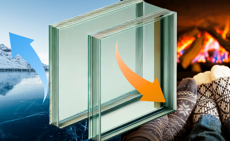 A double-glazed glass unit is centred in the image. On the left, a cold, icy landscape with a snow-covered mountain symbolises low temperatures. A blue arrow points away from the glass unit, representing cold air being reflected out. On the right side, two cosy feet in patterned socks are propped up near a warm fireplace. An orange arrow points toward the inside, showing heat staying in. The image illustrates minimal heat loss, with the double-glazed unit effectively keeping cold air out and retaining warmth inside, visually representing the concept of U-values.