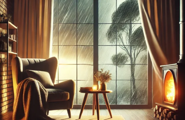 A cosy living room with a glowing fireplace and a comfortable armchair, creating a warm atmosphere. Through a large window, a storm is visible with heavy rain, strong winds, and swaying tree branches, highlighting the contrast between the inviting interior and the harsh weather outside.