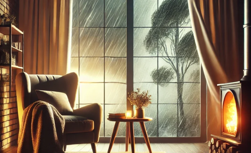 A cosy living room with a glowing fireplace and a comfortable armchair, creating a warm atmosphere. Through a large window, a storm is visible with heavy rain, strong winds, and swaying tree branches, highlighting the contrast between the inviting interior and the harsh weather outside.