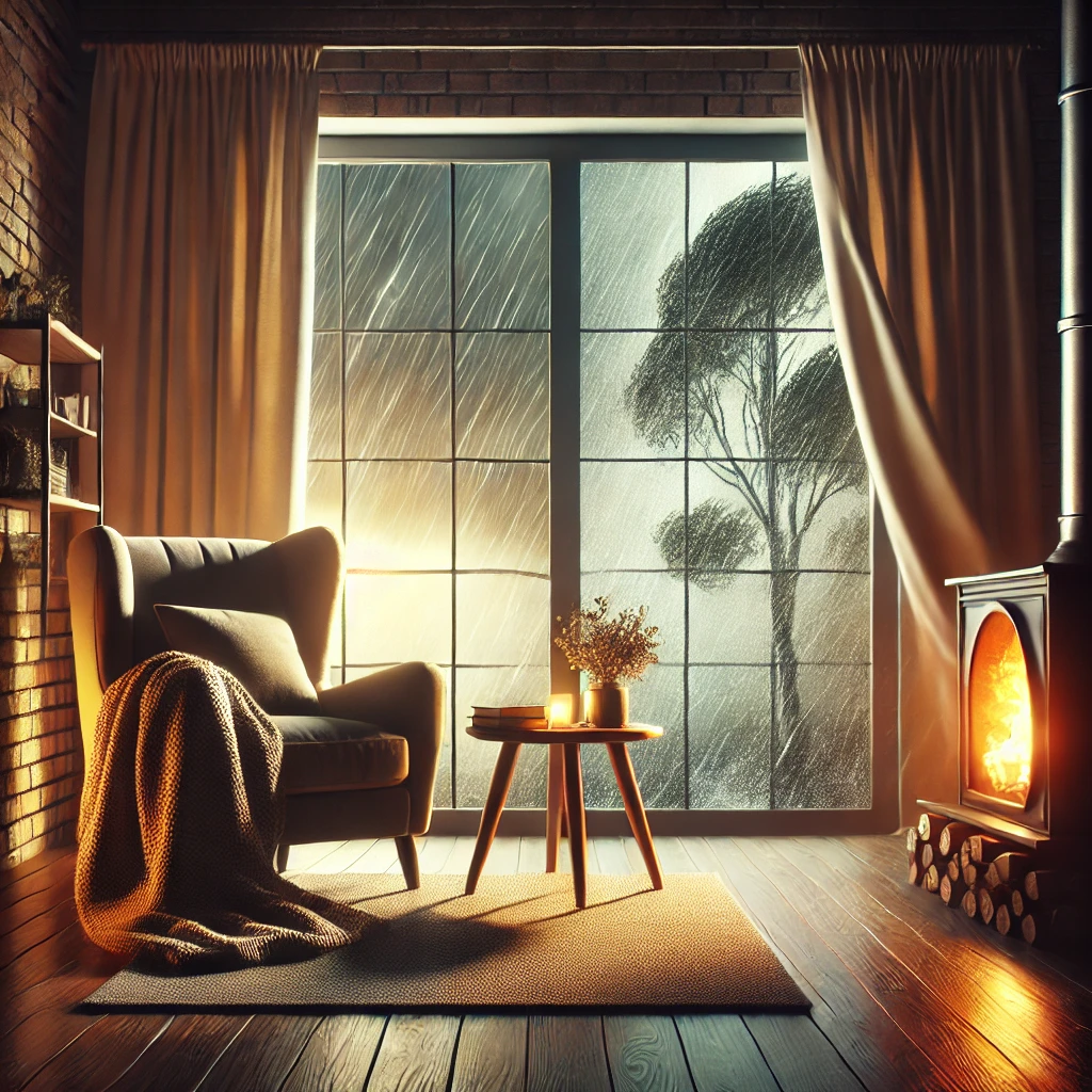 A cosy living room with a glowing fireplace and a comfortable armchair, creating a warm atmosphere. Through a large window, a storm is visible with heavy rain, strong winds, and swaying tree branches, highlighting the contrast between the inviting interior and the harsh weather outside.