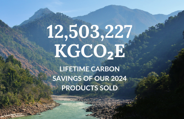 A scenic view of a river winding through a forested valley with mountains in the background, with text overlay: '12,503,227 KGCO₂E - Lifetime carbon savings of our 2024 products sold.