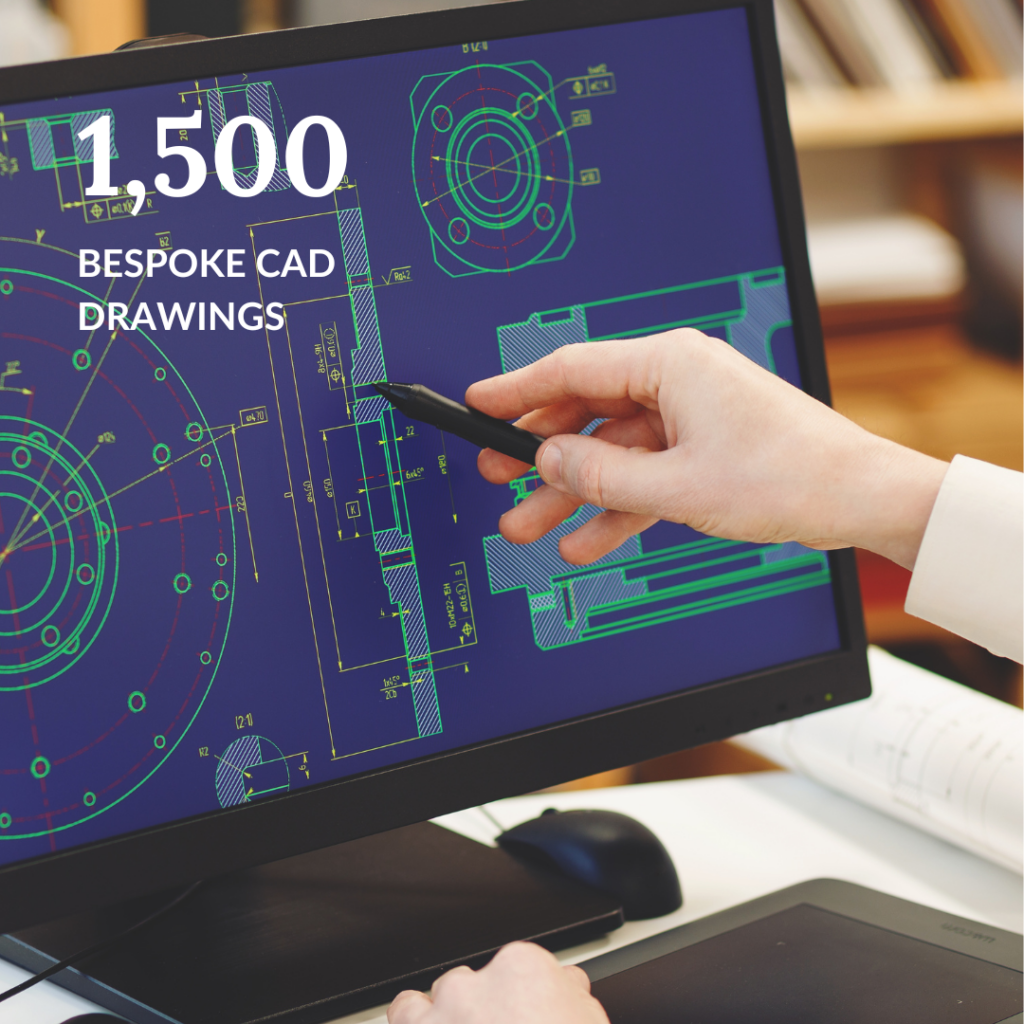 Computer screen displaying detailed bespoke CAD drawings, representing the 1,500 tailored designs created by Gowercroft Joinery in 2024.