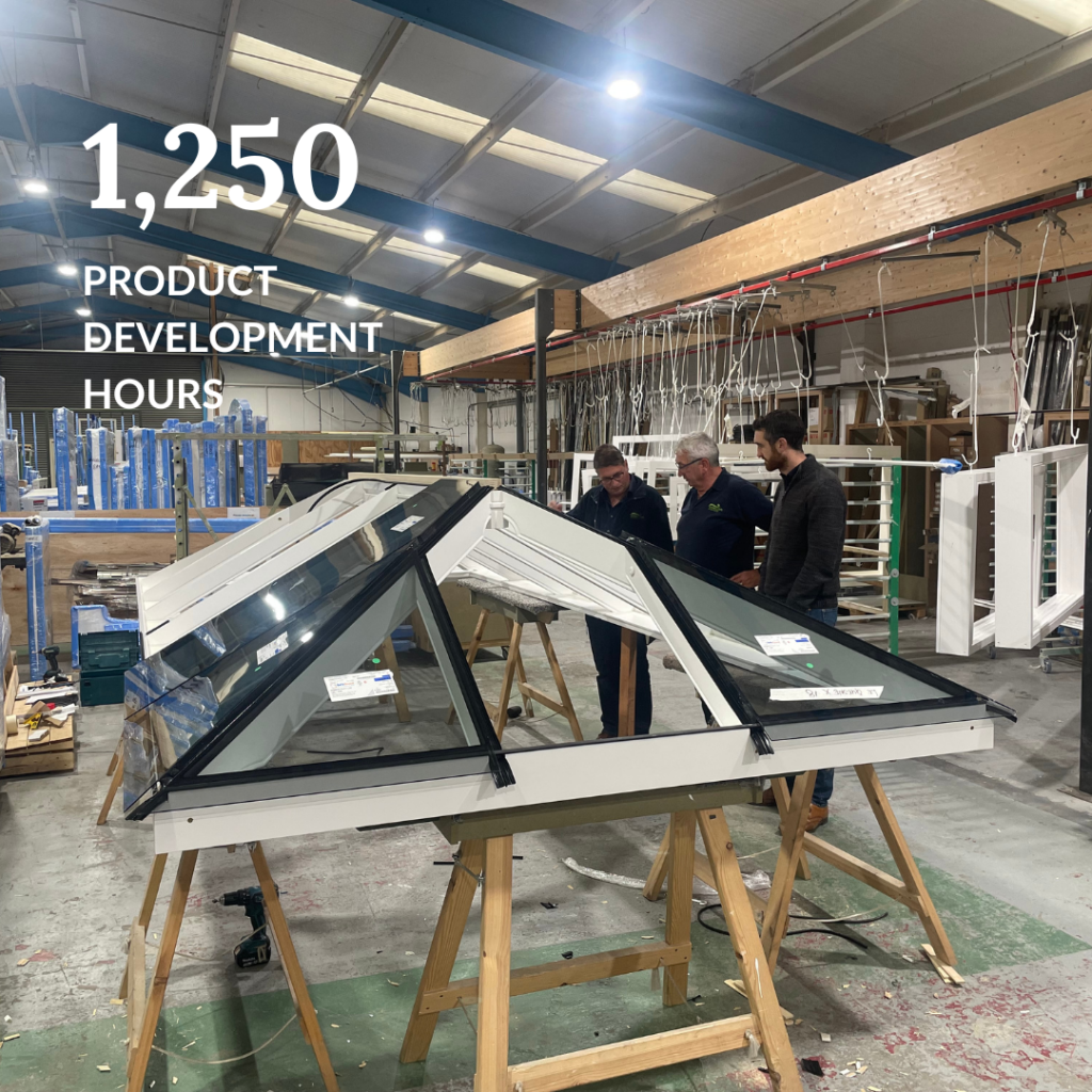 Three Gowercroft team members reviewing a product prototype in the workshop, highlighting 1,250 hours of product development in 2024.